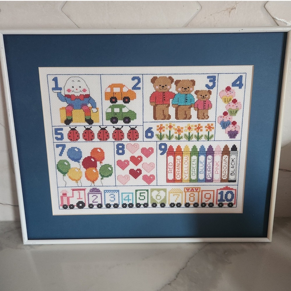 Educational Cross Stitch Framed Art‎ Numbers Counting Fun Bears Crayons